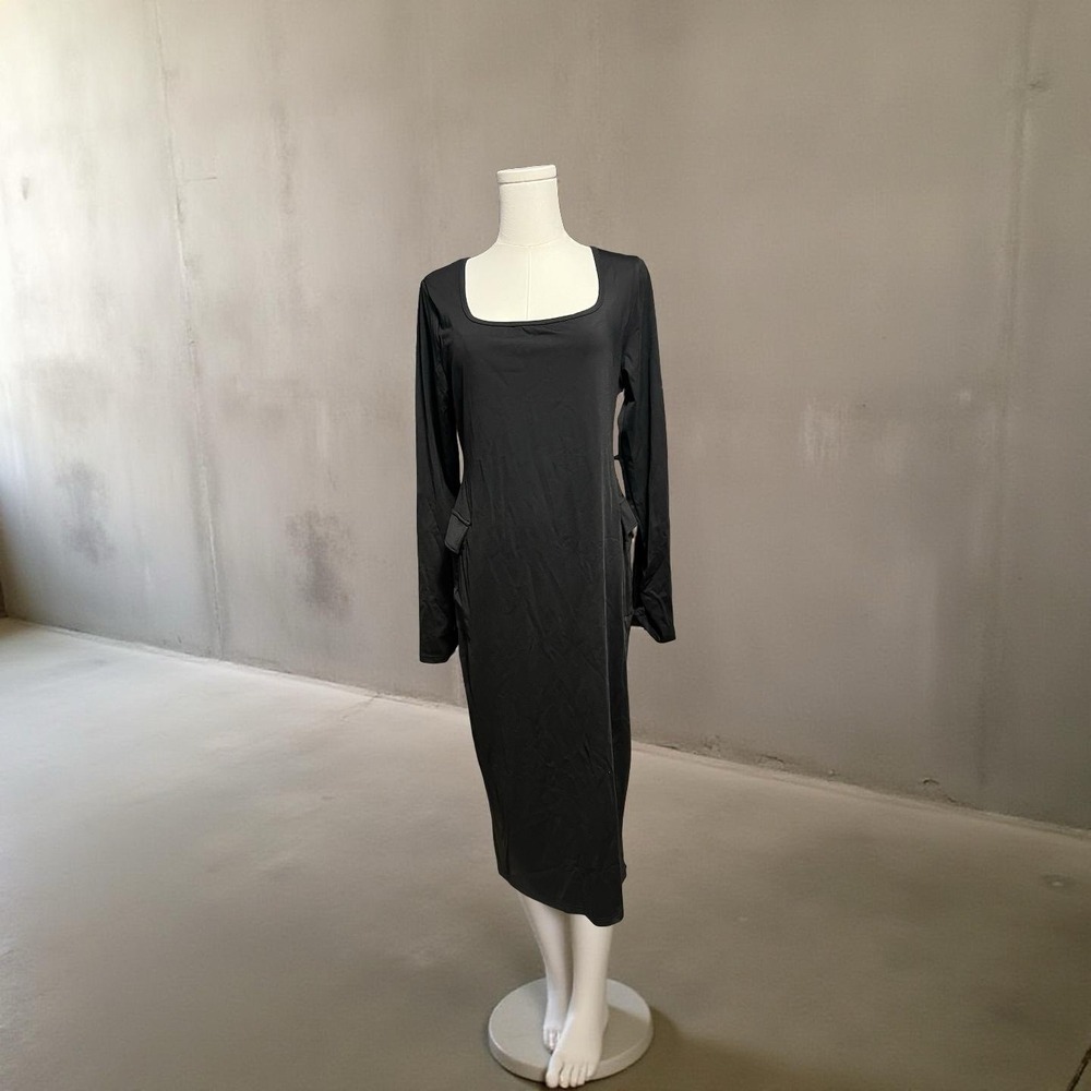 HYZ Women's Long Sleeve Back Slit Cocktail Party Midi Dress with Side Pockets.